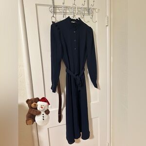 WAREHOUSE WOMEN NAVY LONG SLEEVE MOCKNECK BUTTON DOWN BELTED A- LINE MIDI DRESS.